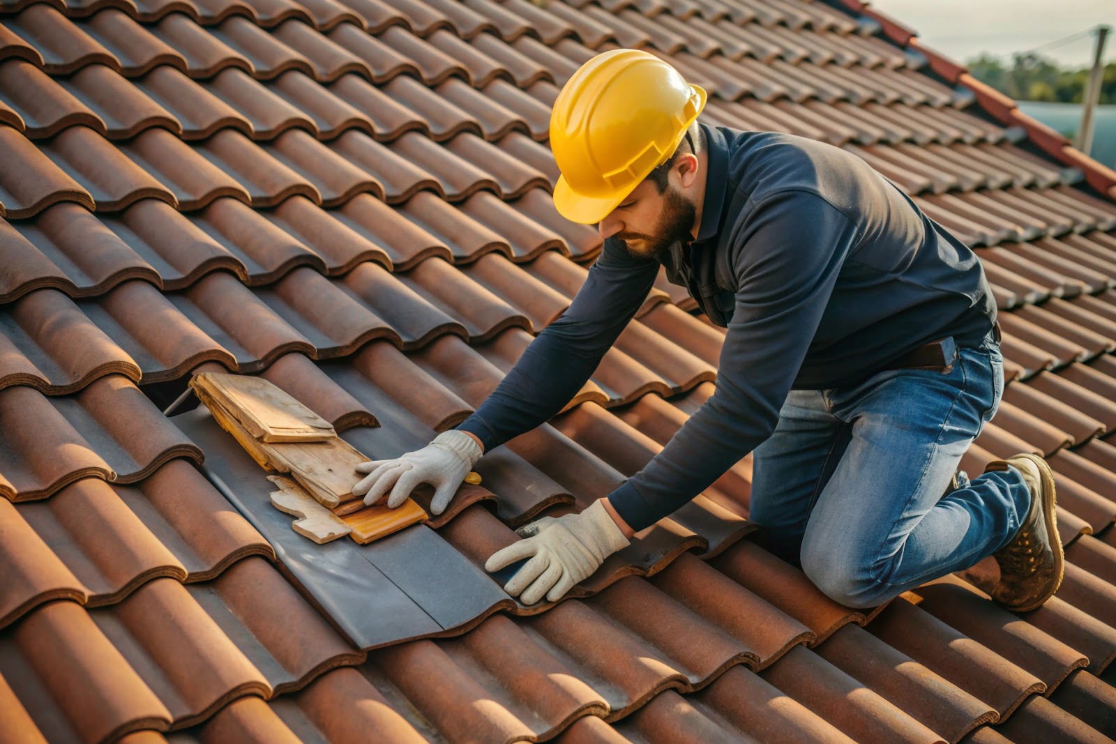Artisan couvreur en pleine installation de tuiles romanes.